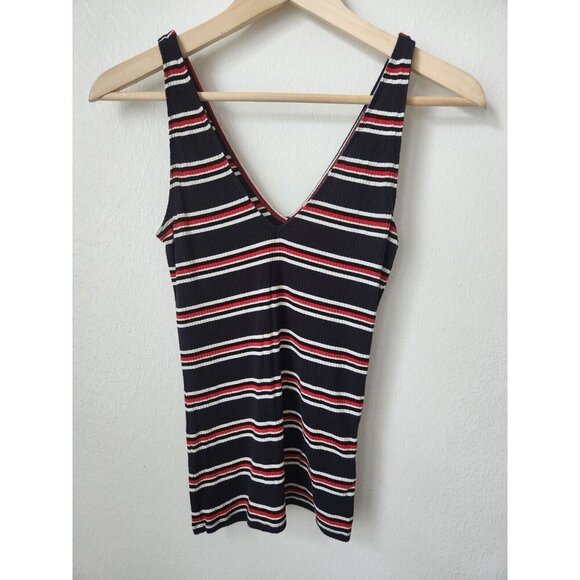 90s vibe Express blue red white‎ striped ribbed tight deep V tank top XXS - Picture 3 of 3